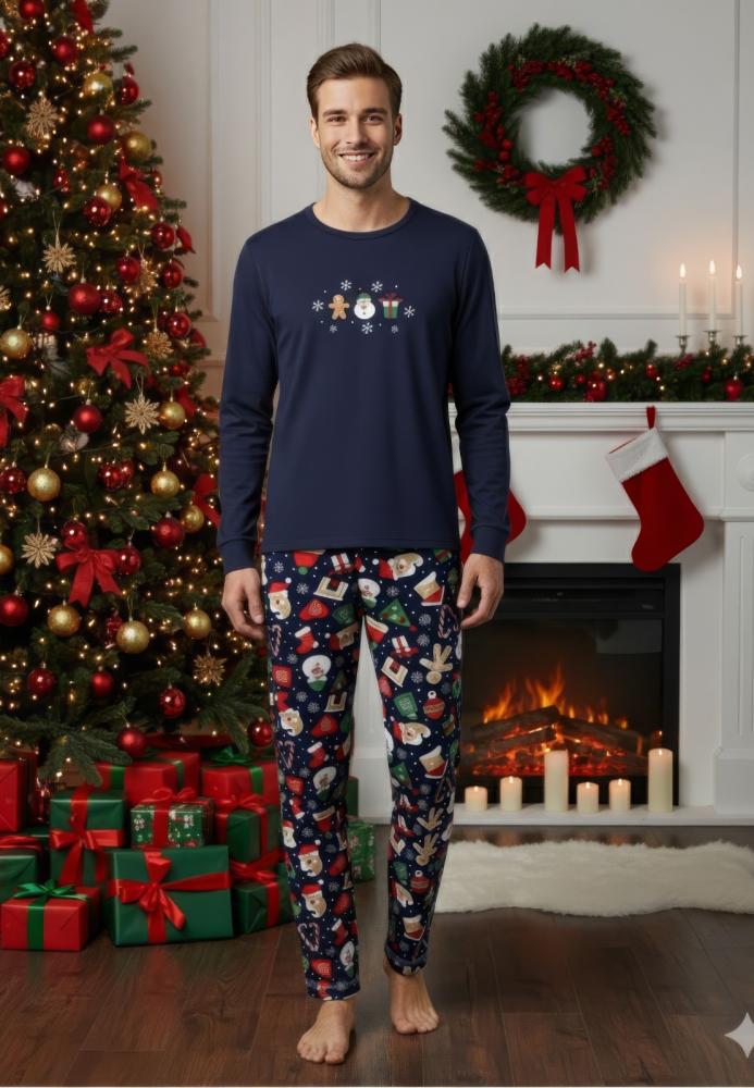 Pijama barbati Craciun,maneca lunga si pantaloni lungi,imprimeu figurine festive,En-gros